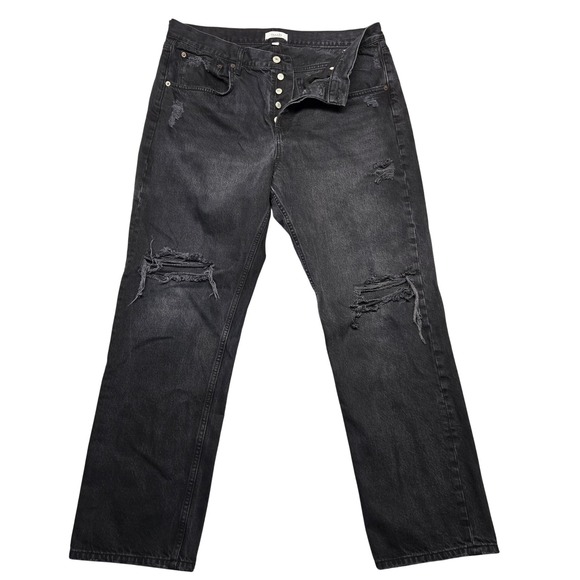 Nuuds Jeans Mens 32 Black Distressed Straight Leg Button Fly Made Turkey Denim - Picture 1 of 14